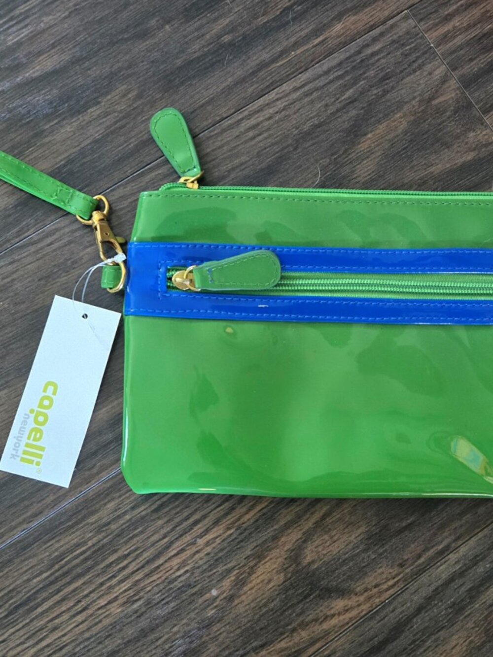 CAPELLI Vinyl Lime Green w/ Blue Trim Cosmetic Bag/Wristlet NWT